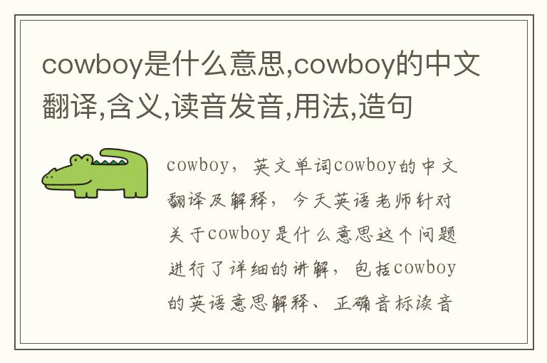 cowboy是什么意思,cowboy的中文翻译,含义,读音发音,用法,造句,参考例句